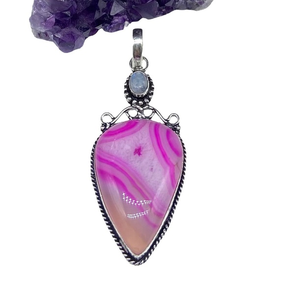 Artisan Jewelry - Pink Botswana Agate Rainbow Moonstone Necklace Pendant Sterling Silver 925